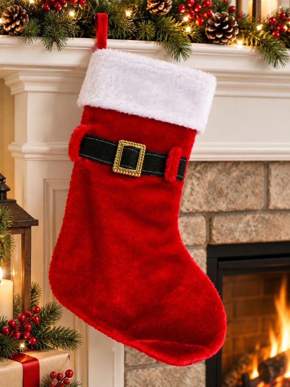 Santa Belt Buckle Christmas Stocking Faux Fur Trim Red White Holiday Décor